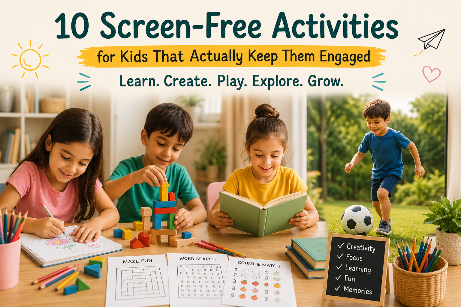 Children enjoying screen-free learning activities including reading, building, drawing, and outdoor play